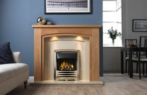 Allerton Fireplace Suite in Light Oak Veneered MDF with Perla Marble Back Panel and Hearth, with Gallery Solaris Antique Brass Finish, with Open-Fronted Gas Convector Fire