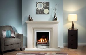 Cranbourne Fireplace Suite in Portuguese Limestone with Gallery 18" Bauhaus Chrome and Neptune Trim in Brushed Steel with Open-Fronted Gas Fire