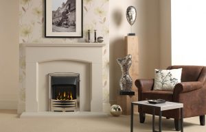 Dacre Fireplace Suite in Cotswold Jurastone with Gallery Solaris and High Efficiency Glass-Fronted Gas Convector Fire (Slide Control)