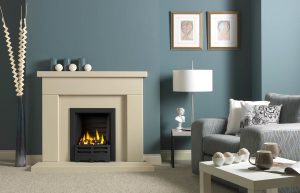 Durrington 48" Fireplace Suite in Chiltern Jurastone, with Gallery Emperor (black) and Decorative Gas Fire