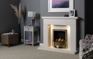 Durrington 48" Fireplace Suite in Portuguese Limestone with Gallery Blenheim (Antique Brass) and Decorative Gas Fire