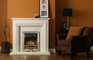 Ellerby 48" Fireplace Suite in Portuguese Limestone with Vision EOS (antique brass) and High Efficiency Glass-Fronted Gas Convector Fire (Slide Control)