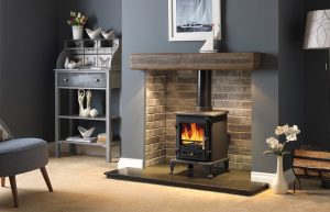 Firefox 5.1 Clean Burn II Stove 48" Rustic Dark Oak Geocast Beam with Feature Lights, Grey Ceramic Brick Bond Chamber, Slate Hearth and Back Hearth