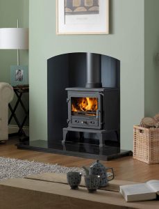 Firefox 8.1 Multi-Fuel Stove with 48" Slabbed Granite Hearth and Slabbed Granite Back Hearth