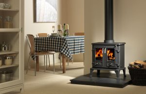 Firefox 8TD Multi-Fuel Stove Shown with 36" x 36" Slabbed Slate Hearth and Bampton Log Basket