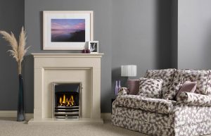 Langdon Fireplace Suite in Perla Micro Marble with Gallery Aurora in Chrome with Open-Fronted Gas Convector Fire (Slide Control)