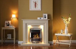 Stokesley Fireplace Suite in Perla Micro Marble with Vision EOS Fire in Chrome Finish with Open-Fronted Gas Convector Fire