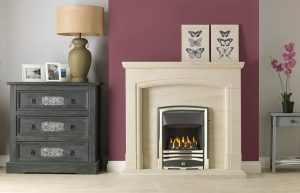 Swainby 48" Fireplace Suite in Portuguese Limestone with Vision Callisto (Chrome) and Open-Fronted Gas Convector Fire (Slide Control)