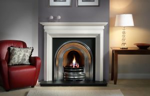 Asquith 55" Agean limestone mantel with Crown highlight arched insert, decorative gas fire with ceramic coals and 54" slate hearth