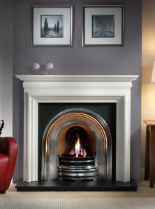 Asquith 55" Agean limestone mantel with Crown highlight arched insert, decorative gas fire with ceramic coals and 54" slate hearth