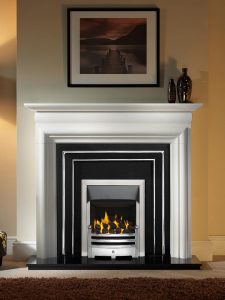 Asquith 55" Agean limestone mantel with Hamilton highlight fascia, open-fronted gas convector fire (slide control) with polished Bauhaus fret and brushed steel Neptune trim, and 54" granite hearth