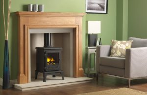 Firefox 5 Gas Stove with Oak Howard Mantel, Portuguese Limestone Chamber, Portuguese Limestone Slips, Portuguese Limestone Hearth