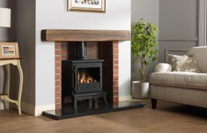 Firefox 8 Gas Stove with 54" Rustic Dark Oak Effect Geocast Beam, Rustic Brick Chamber with Front Returns, 54" Granite Hearth