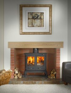 Firefox 12 Multi-Fuel Stove with Oak Beam, Slabbed Brick Chamber and 56" Barley Slate Hearth