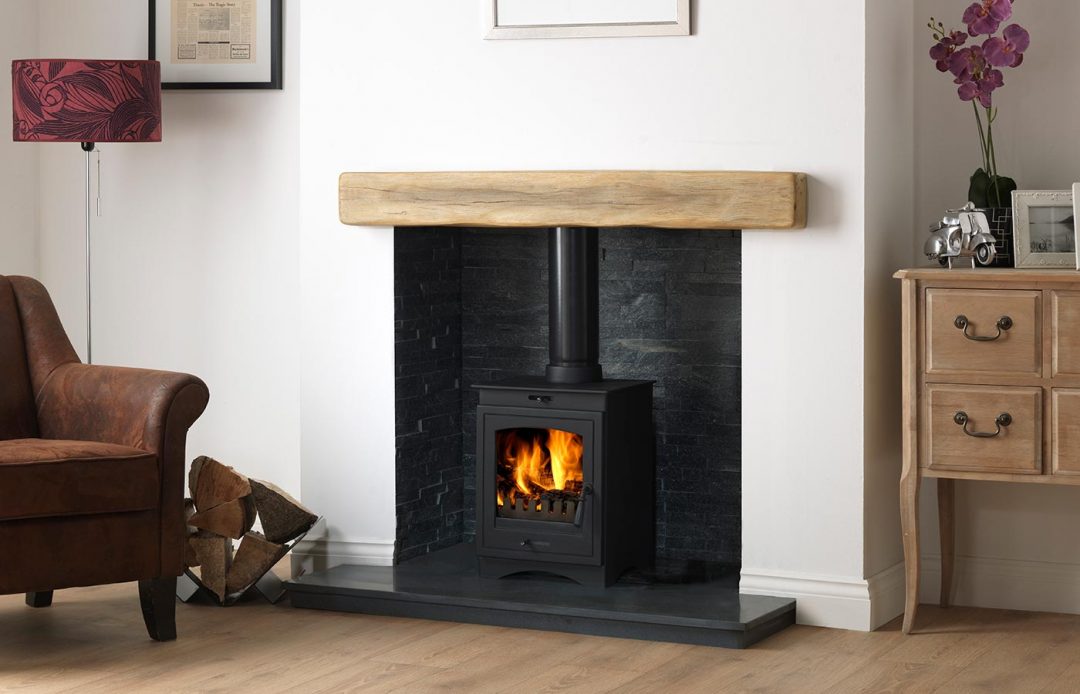 Helios 5 Clean Burn Stove Shown with Staggered Black Slate Block