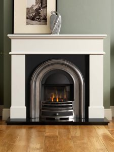 Pisa 54" ivory perla micro marble mantel with Jubilee half-polished Efficiency Plus Insert, glass-fronted gas convector fire (remote control) and 54" granite hearth