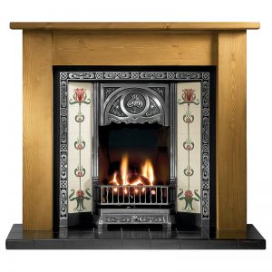 Lincoln 54" pine mantel with Tulip highlight tiled insert, Tulip burgundy/ivory tiles, decorative gas fire with ceramic coals and 54" slate hearth