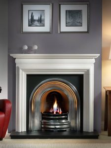 Asquith 55" Agean limestone mantel with Crown highlight arched insert, decorative gas fire with ceramic coals and 54" slate hearth