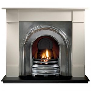 Brompton 56" Agean limestone mantel with Crown full-polished arched insert, decorative gas fire with ceramic coals and 54" slate hearth