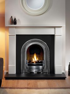 Brompton 51" Agean limestone mantel with Coronet half-polished arched insert, decorative gas fire with ceramic coals and 51" slate hearth