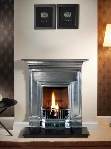 Barcelona 36" full-polished, decorative gas fire with ceramic coals and 36" granite hearth