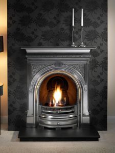 Celtic 36" full-polished combination fireplace with decorative gas fire, decorative coals and 36" slate hearth