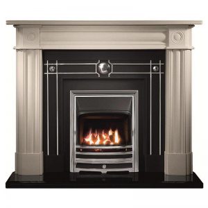 Chiswick 56" Carrara Agean limestone mantel with Chamberlain highlight fascia, open-fronted gas convector fire with chrome finish Aurora frame and 54" bevelled granite hearth