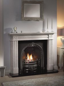 Chiswick 56" Carrara marble mantel with Gloucester highlight cast iron insert, real coal fire and 54" slabbed granite hearth