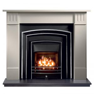 Clarendon 56" Agean limestone mantel with Monroe highlight fascia, open-fronted gas convector fire with Lunar frame and 54" granite hearth