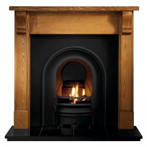 Bedford 48" pine mantel with Coronet black arched insert, real log fire and 48" slabbed granite hearth