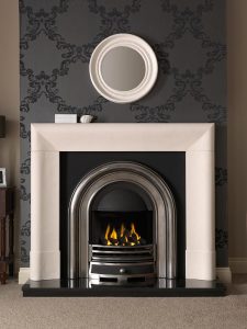 Delection 52" Agean limestone mantel with Jubilee half-polished Efficiency Plus Insert, glass-fronted gas convector fire (remote control) and 54" granite hearth