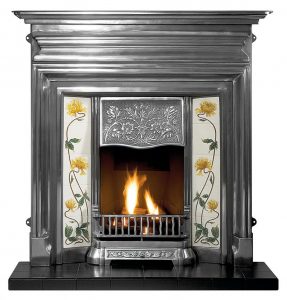 Edwardian 48" full-polished combination fireplace with decorative gas fire, ceramic logs, Sweeping Rose Yellow/Ivory tiles and 48" slate hearth