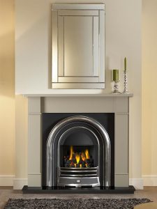 Forano 51" Chatsworth Grey finish mantel with Jubilee highlight Efficiency Plus Insert, open-fronted gas convector fire and 51" granite hearth