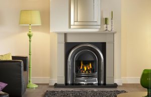 Forano 51" Chatsworth Grey finish mantel with Jubilee highlight Efficiency Plus Insert, open-fronted gas convector fire and 51" granite hearth