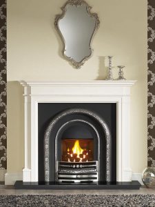 Bartello 54" Agean limestone mantel with Lytton half-polished Efficiency Plus Insert, glass-fronted gas convector fire (remote control) and 54" granite hearth