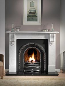 Kingston 56" carrara marble mantel with Henley highlight arched insert, decorative gas fire with ceramic coals and 54" granite hearth