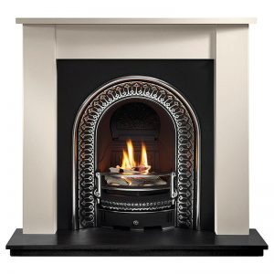 Henlow 48" Agean limestone mantel with Regal highlight arched insert, decorative gas fire with ceramic firewood and 51" slate hearth