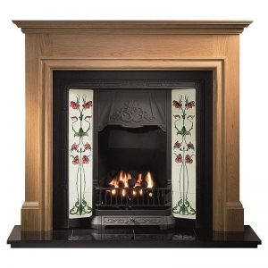 Howard 53" oak mantel with Toulouse black tiled insert, Haslingden burgundy/ivory tiles, real coal fire and 54" slabbed granite hearth