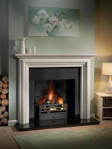 Modena 55" Agean limestone mantel, Matrix fire basket in black, real log fire, granite slips, black painted reeded fireboard chamber, 54" slabbed granite hearth and slabbed granite back hearth