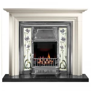 Modena 55" Agean limestone mantel with Sovereign full polished tiled insert, Jazz lilac/ivory tiles, real coal fire and 54" ebony black tiled hearth for multi-fuel