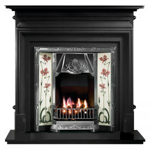 Palmerston 54" black cast iron mantel with Toulouse highlight tiled insert, Jazz burgundy/ivory tiles, decorative gas fire with ceramic coals and 54" slate hearth