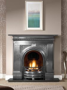 Pembroke 48" full-polished combination fireplace, decorative gas fire with ceramic coals and 48" granite hearth