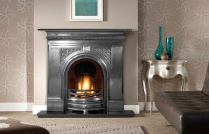 Pembroke 48" full-polished combination fireplace, decorative gas fire with ceramic coals and 48" granite hearth