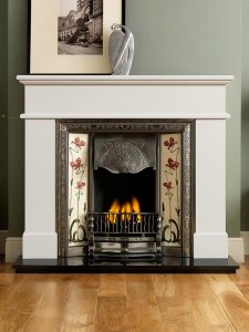 Pisa 54" mantel in ivory perla micro marble, Normandy highlight tiled insert, Jazz burgundy/ivory tiles, decorative gas fire with ceramic coals and 54" granite hearth