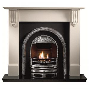 Richmond 54" Agean limestone mantel with Bolton highlight arched insert, Powerflue (no chimney option) and 54" granite hearth
