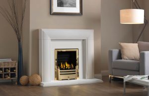 Ascoli Agean Limestone Brass Bauhaus and Decorative Gas Fire