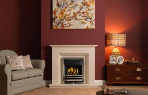 Cranbourne 44” surround in Portuguese limestone complete with Portuguese limestone back panel and 44” hearth. Features a Bauhaus fire in antique brass finish