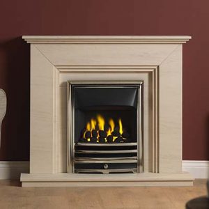 Cranbourne 44” surround in Portuguese limestone complete with Portuguese limestone back panel and 44” hearth. Features a Bauhaus fire in antique brass finish